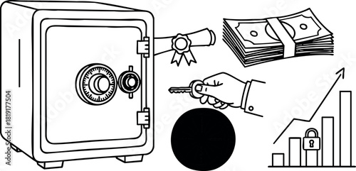 Safe deposit box with money key certificate and security graph vector illustration