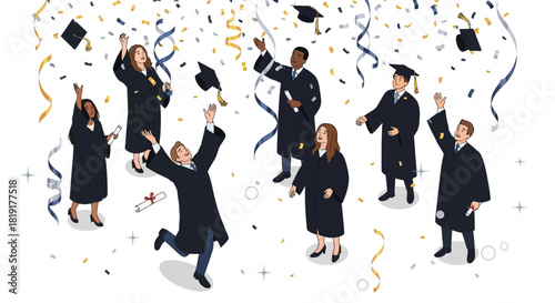 Celebrate academic achievements with graduating students joyfully tossing mortarboards in the air among falling confetti and ribbons on white background