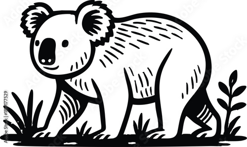 Bold black and white linocut koala illustration ideal for wildlife branding eco friendly packaging and nature inspired label designs