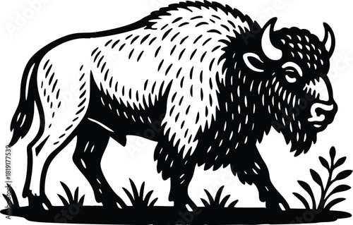 Black and white linocut European bison illustration ideal for rustic branding strong packaging presence and heritage label design
