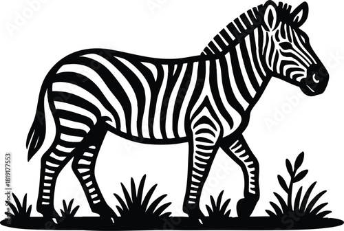 Bold black and white linocut zebra illustration featuring strong stripe detail perfect for safari branding packaging and stylised labels