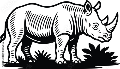Black and white linocut rhinoceros illustration with textured detailing suited for safari branding strong packaging and heritage labels