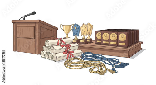 Celebrate academic achievement and success with graduation ceremony scene featuring diplomas, podium, trophies, and honor cords for inspiring designs