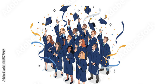 Celebrating graduation with friends and tossing caps in the air, a vibrant moment of academic achievement and future success with colorful confetti