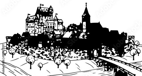 Medieval castle with towers and a bridge isolated on, a historic landmark in a scenic landscape