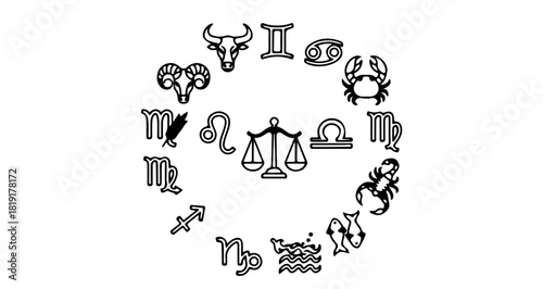 Zodiac signs circle with astrological symbols and horoscope icons, isolated on