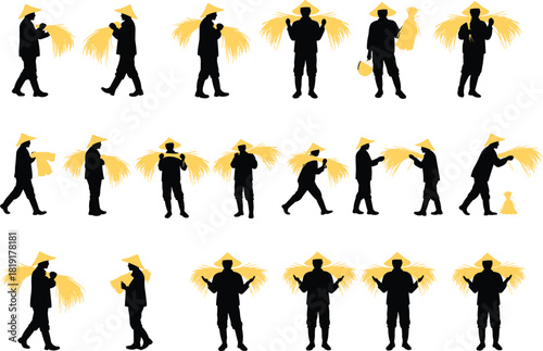 Silhouette of Asian farmer carrying harvested rice bundle, traditional agriculture worker in conical hat, rural farming vector illustration design