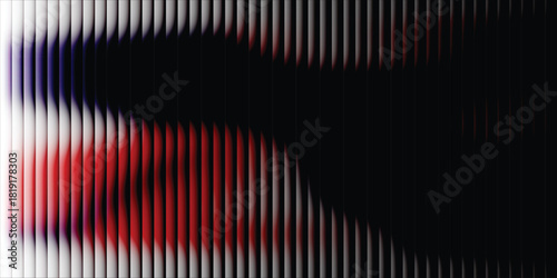 Glass ripple texture with dark gradient background and vivid orange, blue, and lilac light streaks. Futuristic distortion, moody abstract glow, reeded vertical blur. Vector illustration