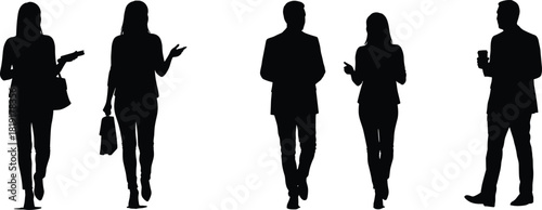 Silhouette of business people walking and talking together, communication and teamwork concept, professional colleagues with coffee and documents