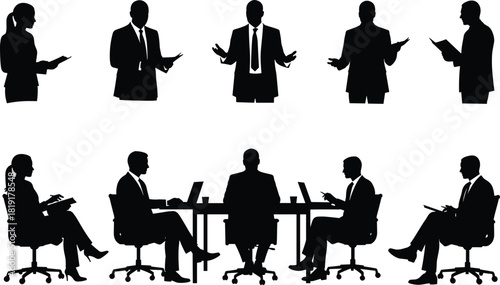 Silhouette of business people working in office meeting, corporate teamwork, discussion, leadership, professional communication, presentation and collaboration concept illustration
