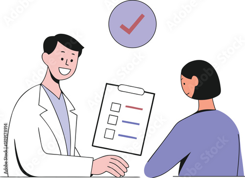 Smiling Doctor Confirming Successful Medical Checkup Results to Happy Patient with Clipboard