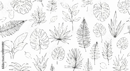 Seamless pattern of various tropical leaves isolated on, hand drawn sketch style illustration