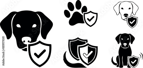 Dog protection icons shield paw safety security pet care vector illustration
