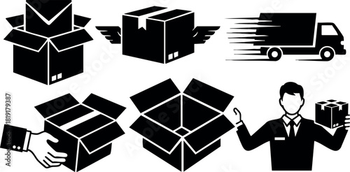 Delivery boxes shipping fast parcel courier service black silhouette vector illustration