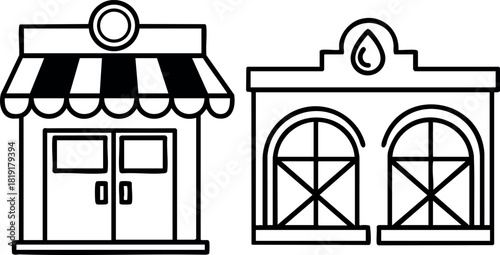 Shop storefront vector illustration with striped awning and bakery window design black and white line art