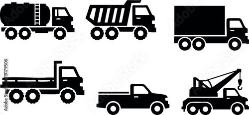 Construction and cargo trucks vector icons set including tanker dump flatbed pickup crane