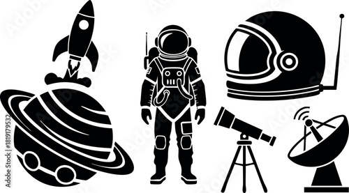 Space exploration vector set with astronaut helmet rocket telescope satellite and planet icons collection