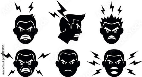 Angry male faces with electric shock symbols vector set in black silhouette style