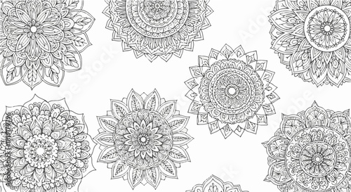 Seamless pattern of hand drawn mandala isolated on, intricate floral designs for textile