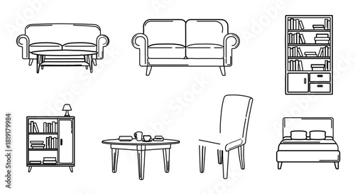 Handdrawn outline sketch set of various household furniture pieces for interior design, isolated on