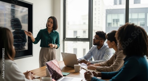 A professional Asian woman leads a presentation for a diverse team of colleagues, pointing to a large screen with programming code during a meeting in a modern office