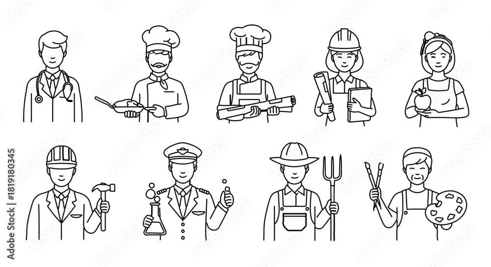 Fototapeta premium Collection of line art illustrations depicting various professional occupations and career roles isolated on