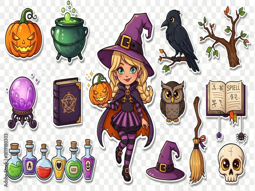 Witch and halloween elements sticker set