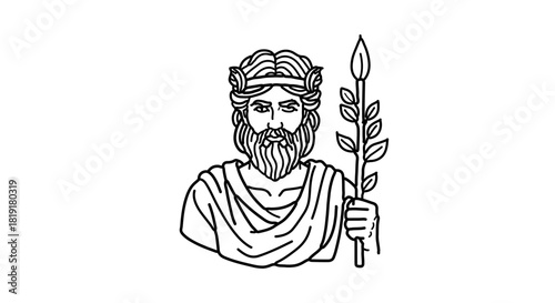 Classical god or emperor line art with beard, wreath, and staff, isolated on