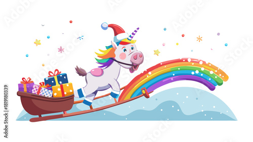 Cartoon unicorn pulling a sleigh full of Christmas candy across a rainbow snow bridge