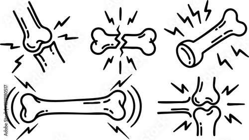 Bone pain vector illustration showing human bones and joints with pain signals in black line art