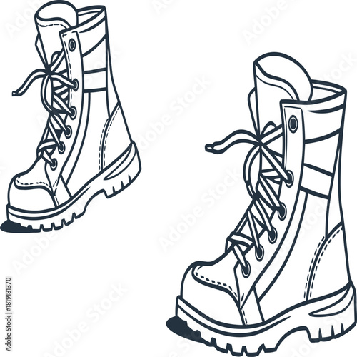 Two heavy duty lace up combat style boot illustration side view isolated on white background