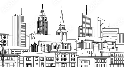 City skyline line art with buildings and a church, isolated on