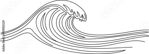 Striking monochrome line art vector illustration of a powerful rolling ocean wave breaking, symbolizing nature, surfing, power, and abstract motion design