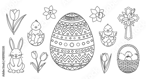 Easter holiday collection with decorative egg, cute bunny, chicks, flowers, and cross, isolated on