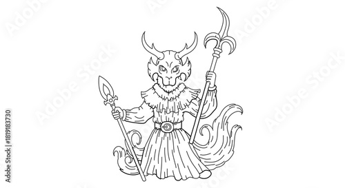 Illustration of a horned monster holding spears, isolated on fantasy creature with a belt and fur