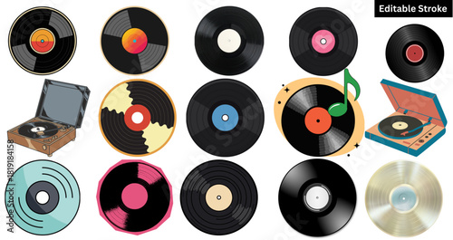 "Retro Vinyl Record Clipart Set – Vintage LP Discs & Turntable Music Editable Stroke Collection"