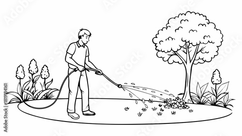 Lawn care service with a gardener watering a freshly planted tree and flowers