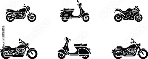 Collection of motorcycle and scooter silhouettes showcasing various styles and designs for transportation enthusiasts featuring classic and modern vehicles isolated on a clean white background