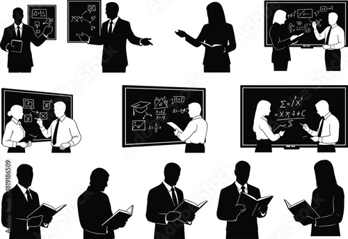 Flat vector educational silhouette scenes, teaching, reading, chalkboard, academic icons, classroom interaction, black graphic figures, learning concept, minimal design