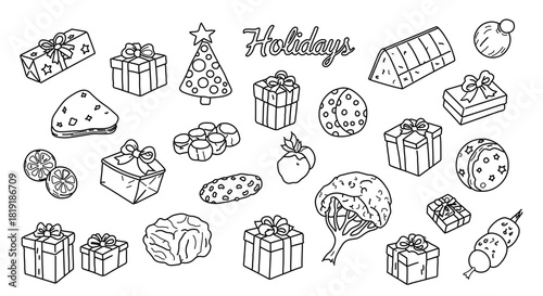 Handdrawn collection of holiday gifts, christmas tree, and festive treats, isolated on
