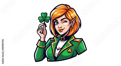 A charming cartoon woman with red hair and pointy ears winks while holding a lucky four-leaf clover, dressed in a green jacket.