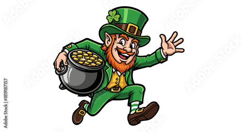 A cheerful leprechaun in a green suit and top hat, running with a pot full of gold coins.