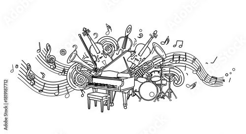 Musical instruments and notes forming a dynamic composition, line art illustration isolated on