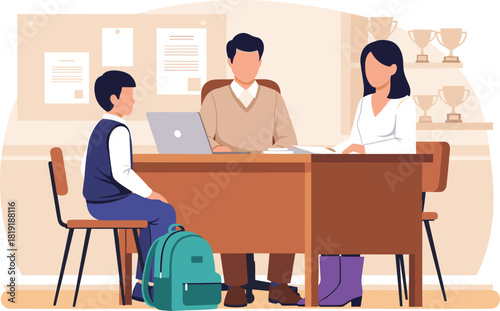 Mother Meeting Male Educator in a Classroom or School Principal's Office to Discuss Academic Performance
