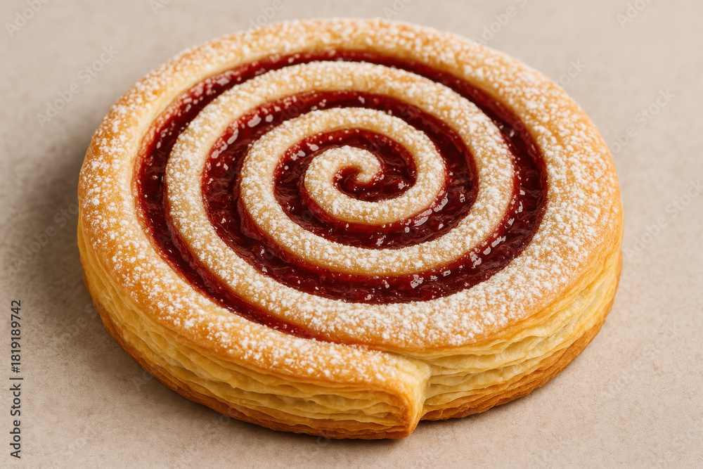 Fototapeta premium Golden puff pastry swirl with berry jam and powdered sugar