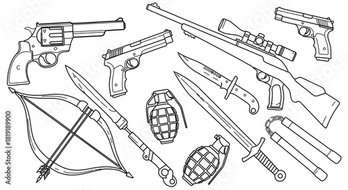 Collection of various weapons including guns, knives, grenades, and a crossbow isolated on