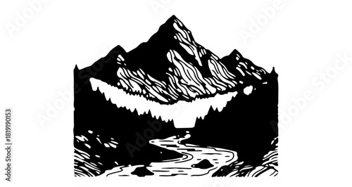 Graphic illustration of a mountain, river, and forest in black and white, isolated on