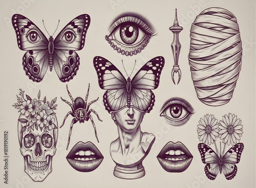 Tattoo art set with mystical elements