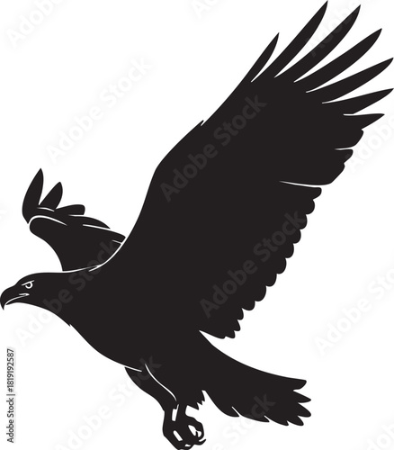 Graceful and powerful black eagle silhouette soaring with majestic wings outstretched, an iconic symbol of freedom, strength, and vision in flight, ideal for graphic design