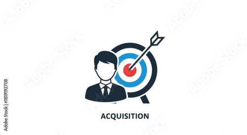 Business acquisition icon: businessman figure with target and arrow symbolizing strategic corporate growth, mergers, and acquisitions.